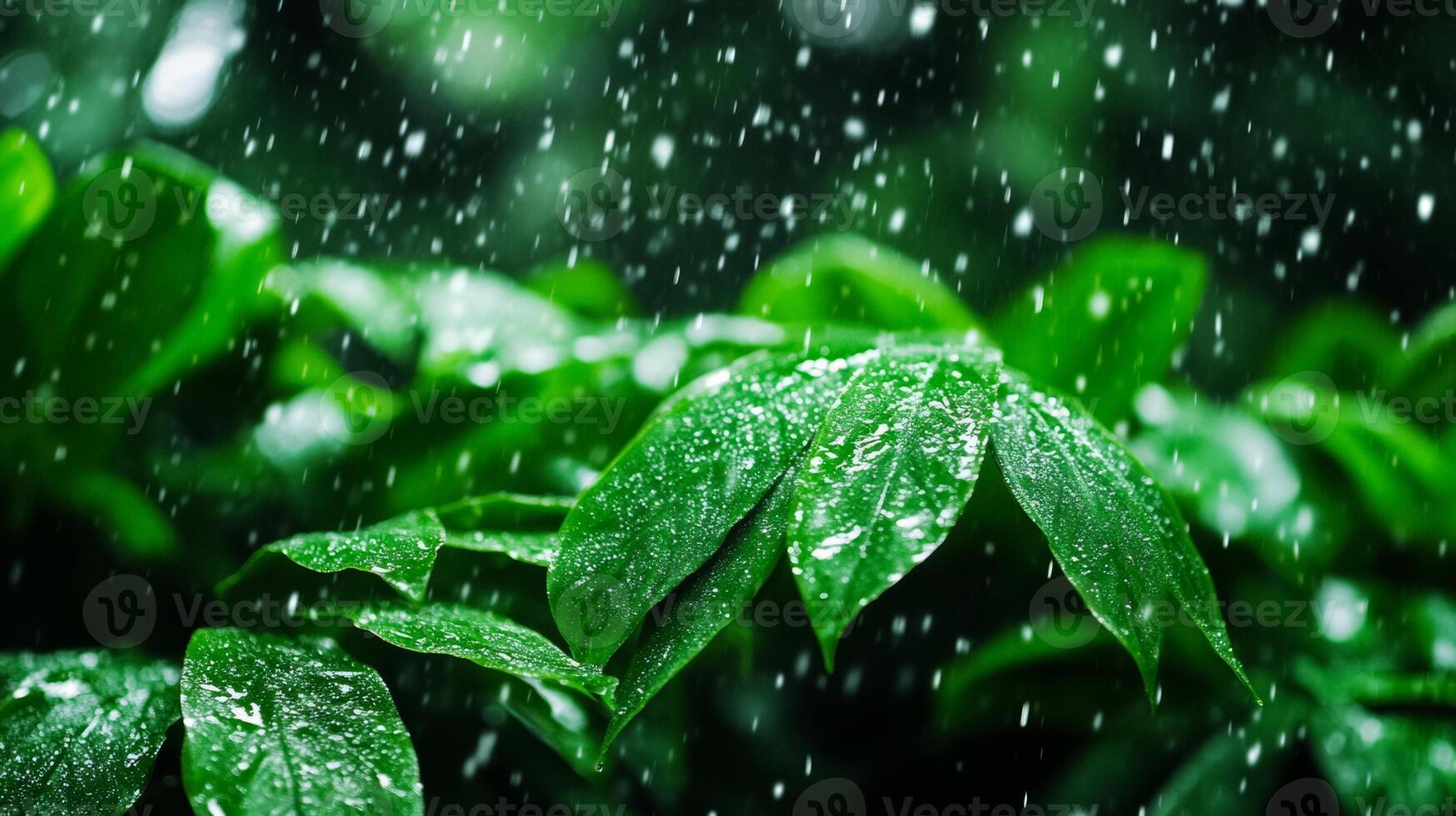 Rare snowstorm in a tropical rainforest white snowflakes covering lush green foliage under an overcast sky photo
