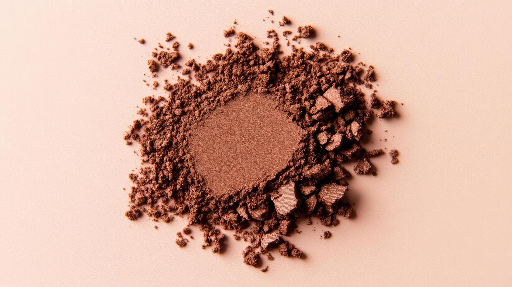 Rich cocoa and caramel eyeshadow blending seamlessly in a warm gradient on a light peach surface photo