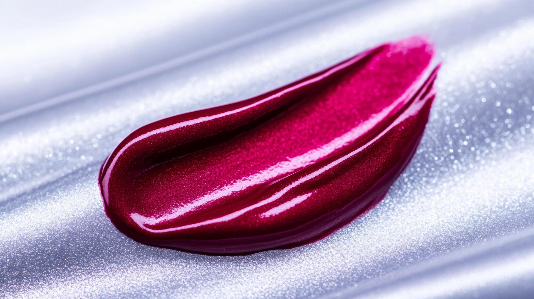 Rich velvety plum lipstick smear with a matte finish against a frosty silver background evoking winter elegance photo