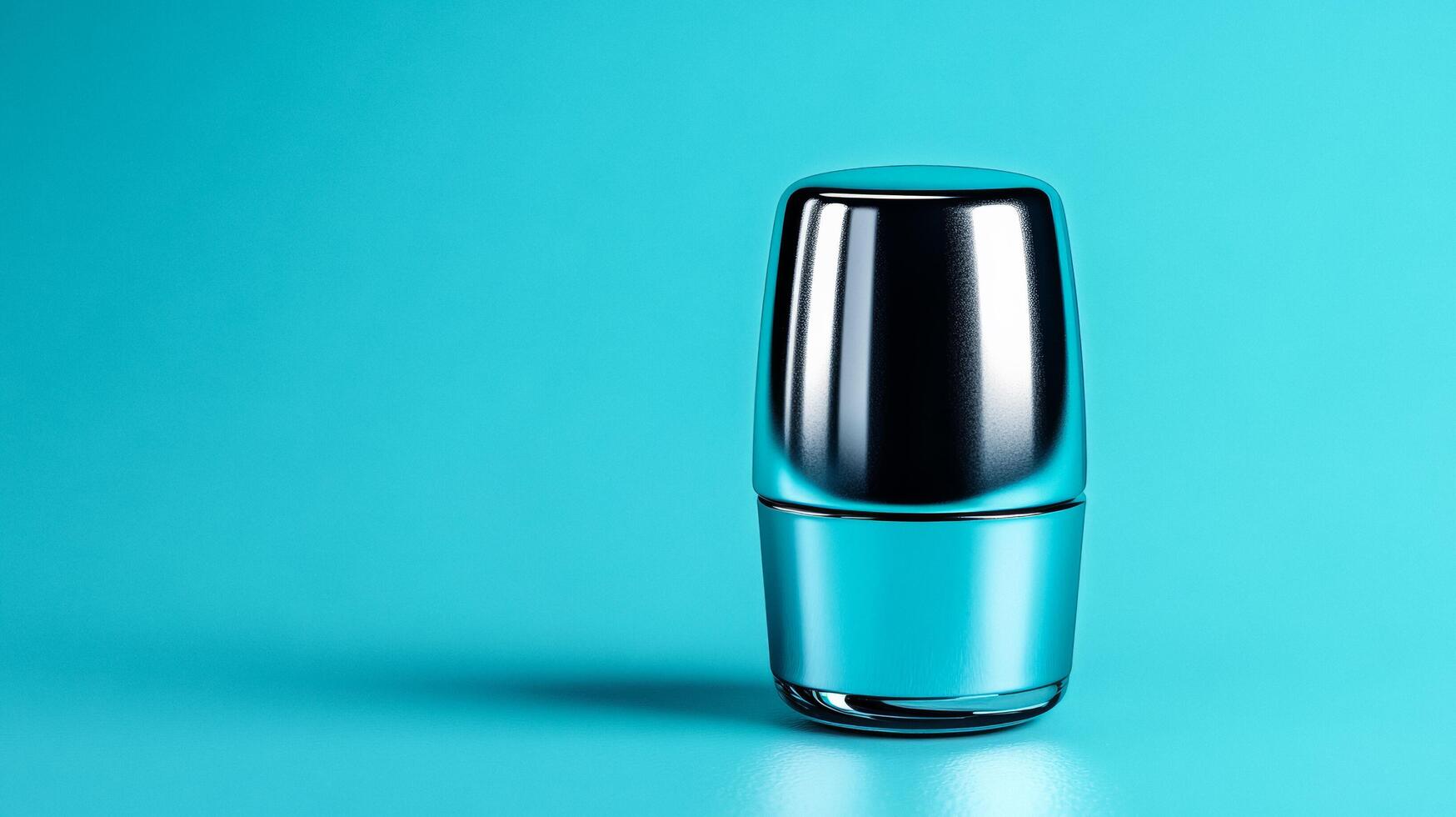 Silvery metallic nail polish drop with a thick shiny texture set against a frosted light blue background photo