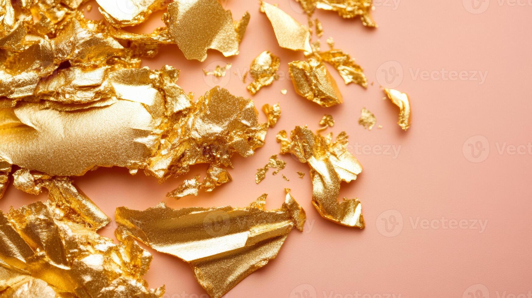 Sparkling gold leaf fragments on a soft peach cream surface a luxurious and delicate closeup of cosmetic textures photo