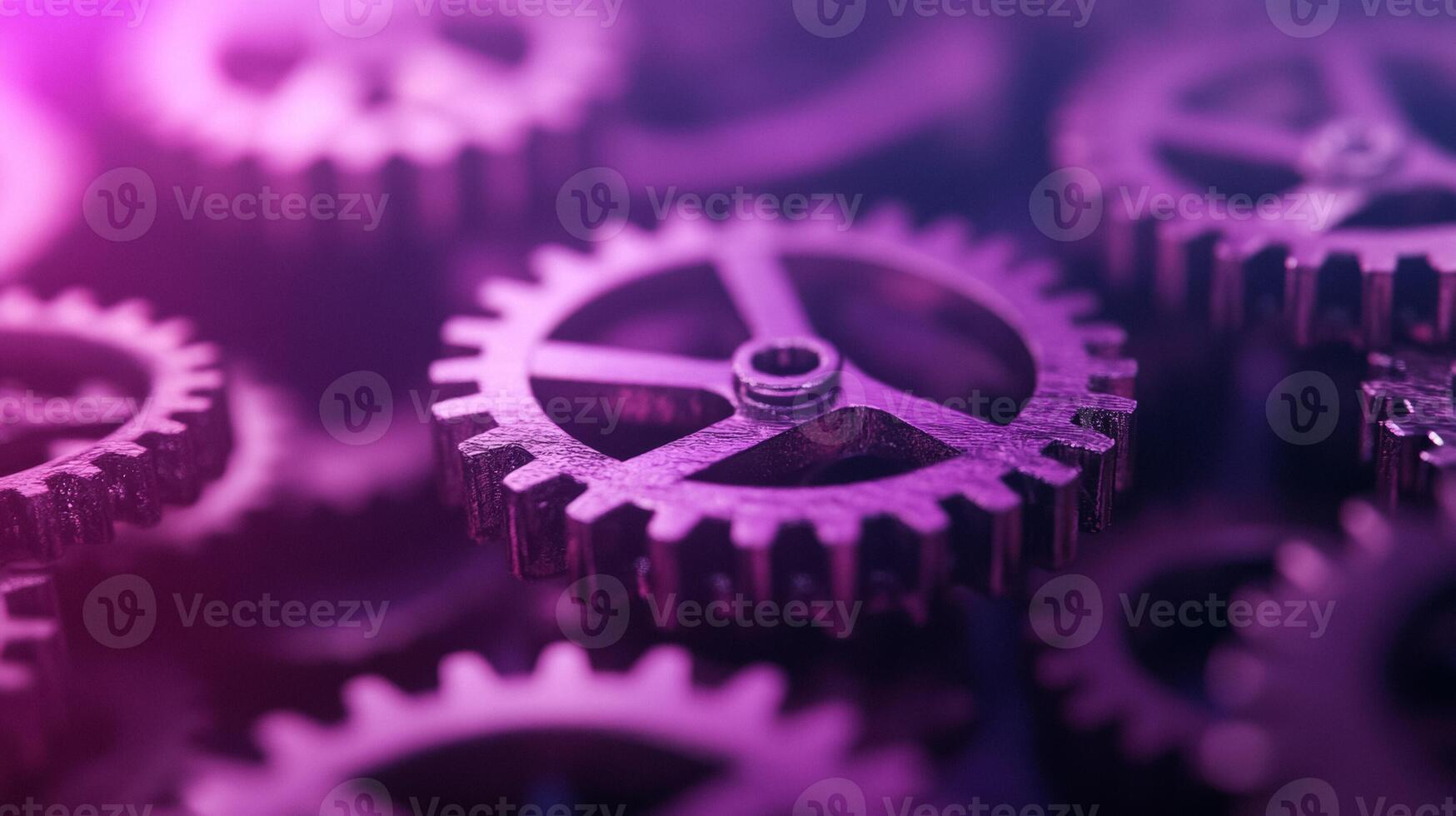 Steampunk gears turning against a gradient from rust to twilight purple suggesting the passage of time photo