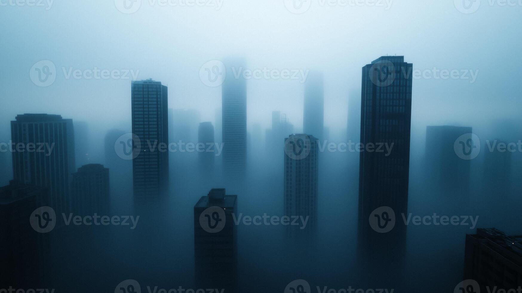 Super fog engulfing a cityscape dense mist reducing visibility with faint outlines of buildings and lights photo