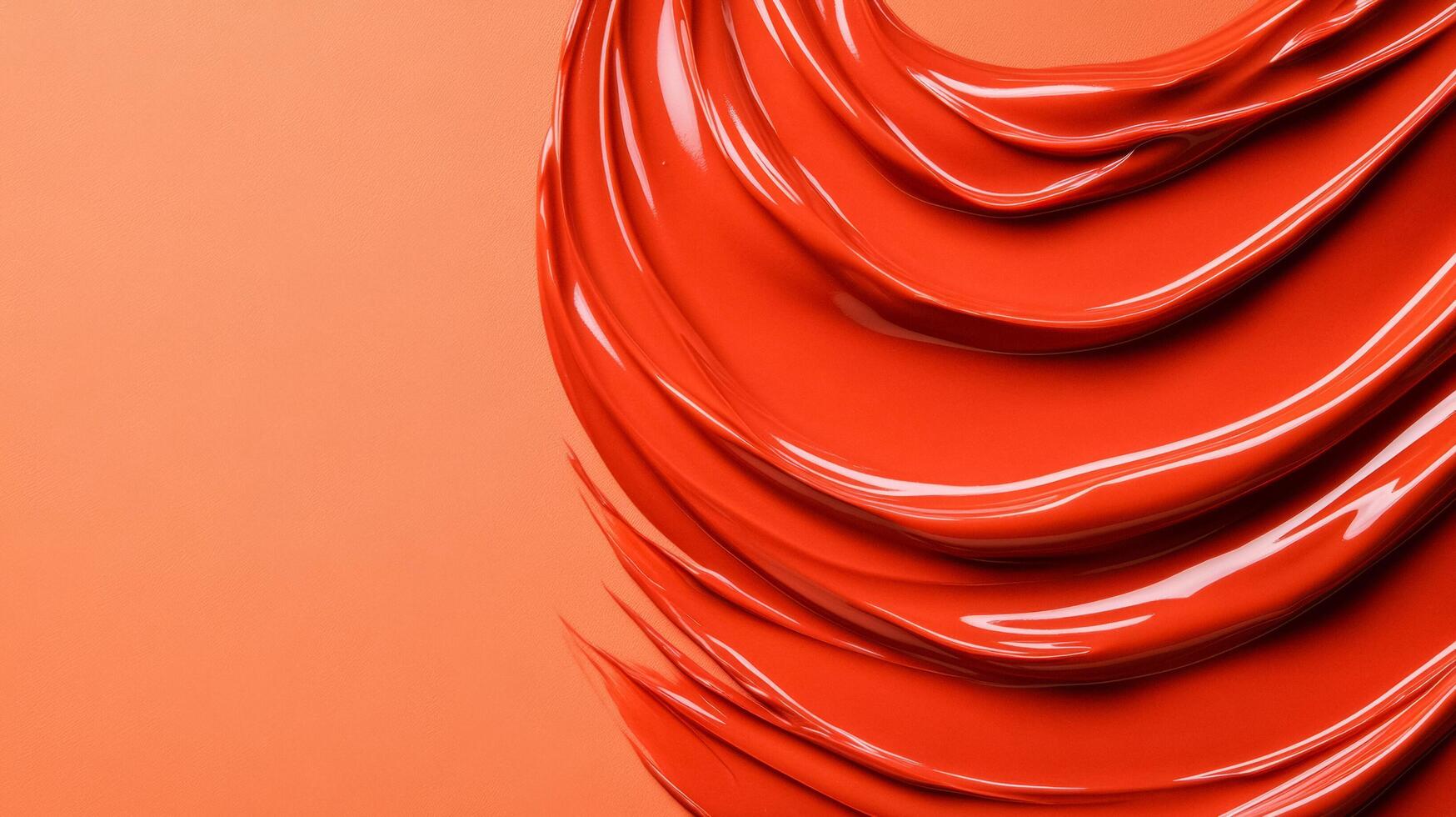 Swirls of rich coppery red liquid lipstick creating an abstract pattern on a soft muted orange background photo