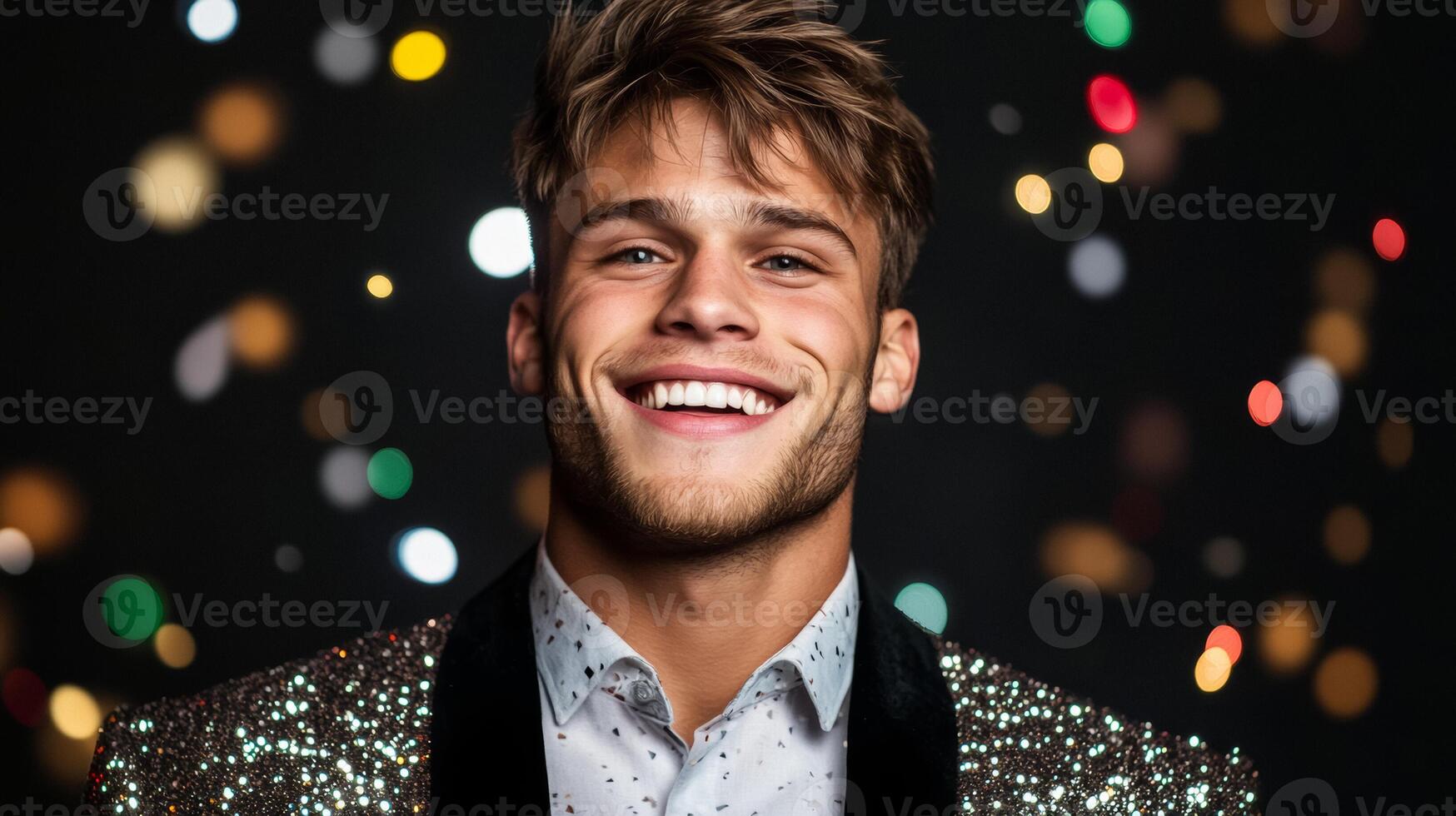 Young man with a glowing grin blowing party horn streamers wearing a sequined New Years jacket photo