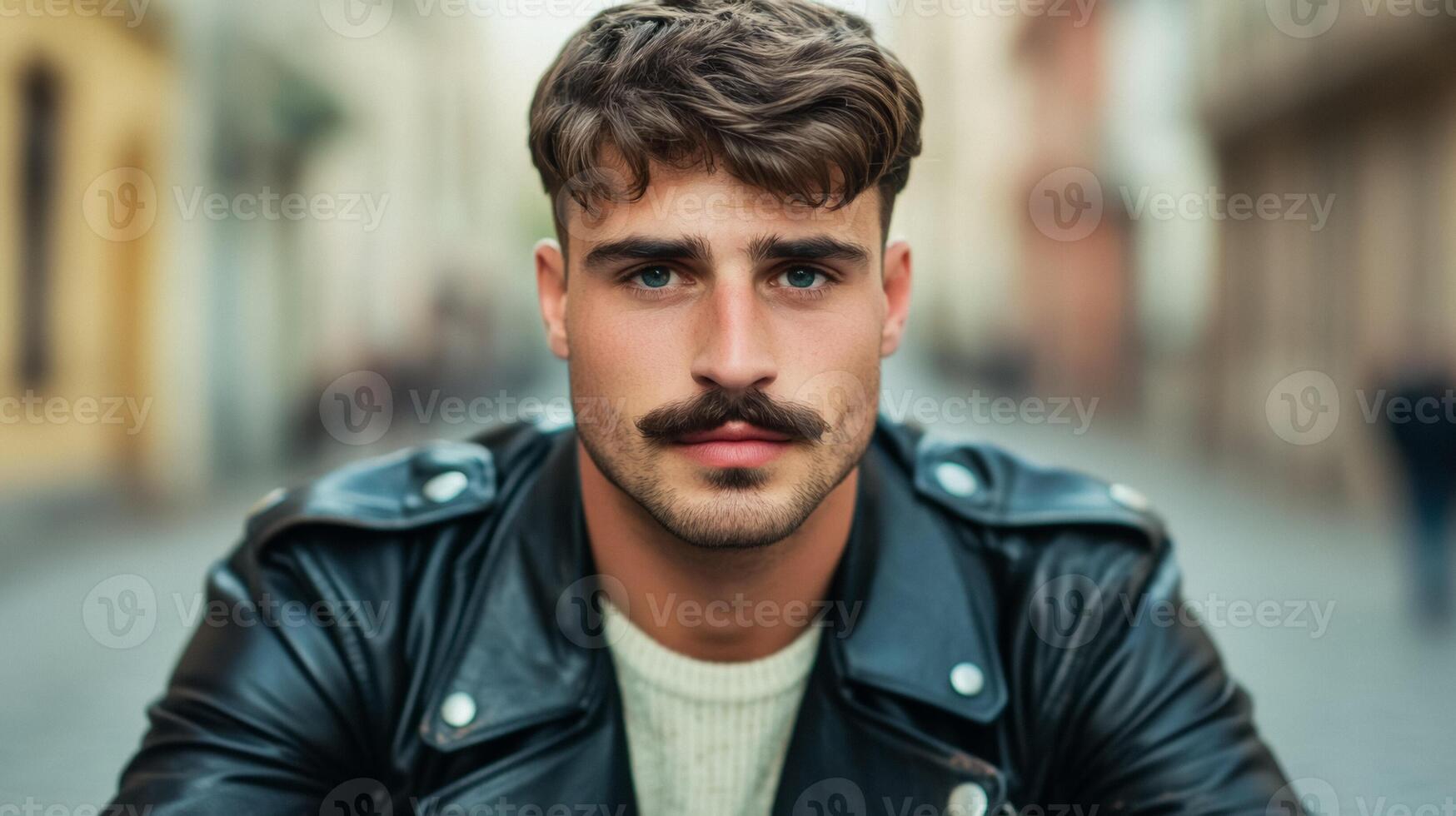 Young man with a quirky mustache and vintage leather jacket riding a retro bicycle through a cobblestone street photo