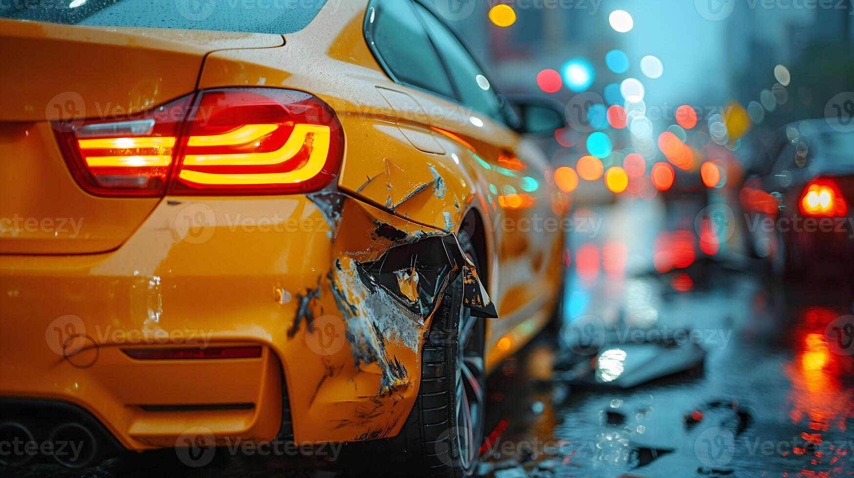 Close-up view of the damaged yellow car photo