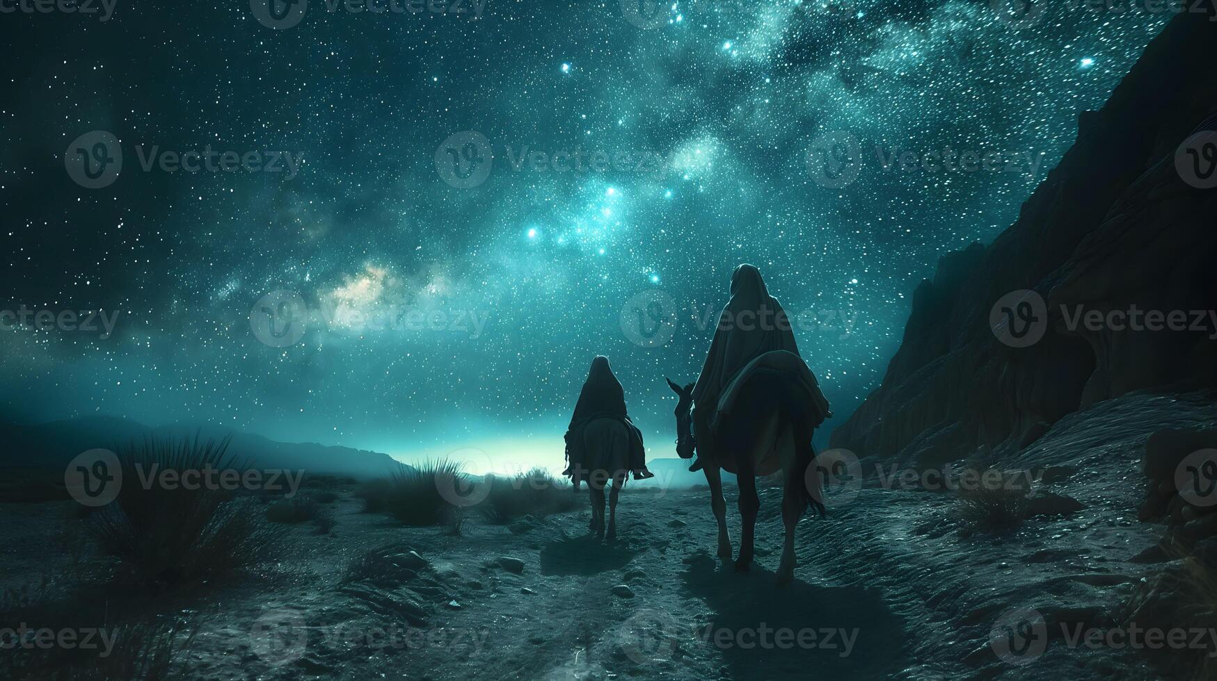 Joseph's Exile to Egypt with Mary and Baby Jesus, Bible Illustration photo