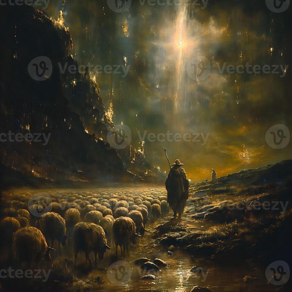 Bible Illustration, God's Glory Shines Over Shepherds Living in the Field at Night photo