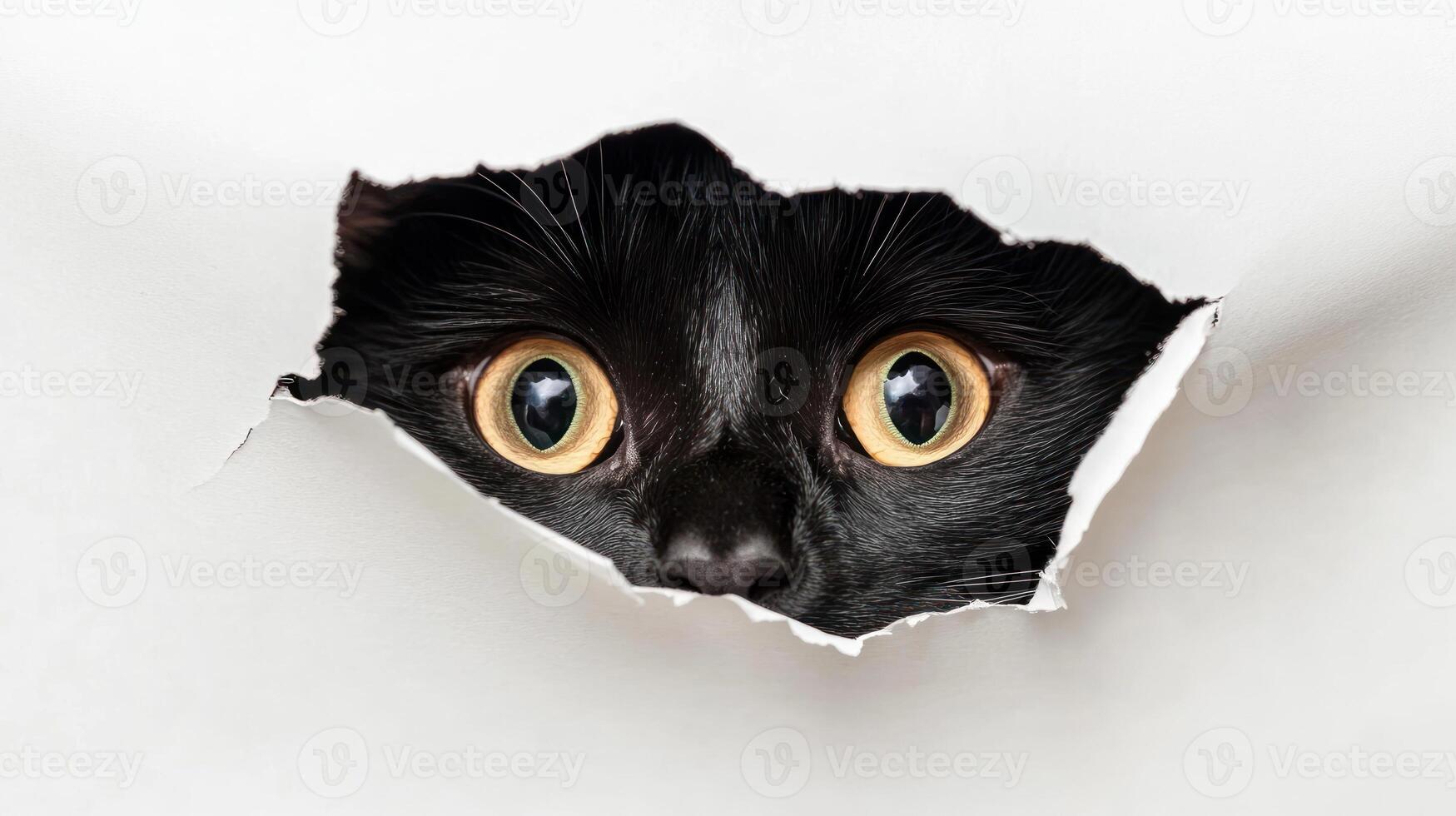 A playful black cat with striking yellow eyes curiously emerges from a tear in white paper, showcasing its playful side photo