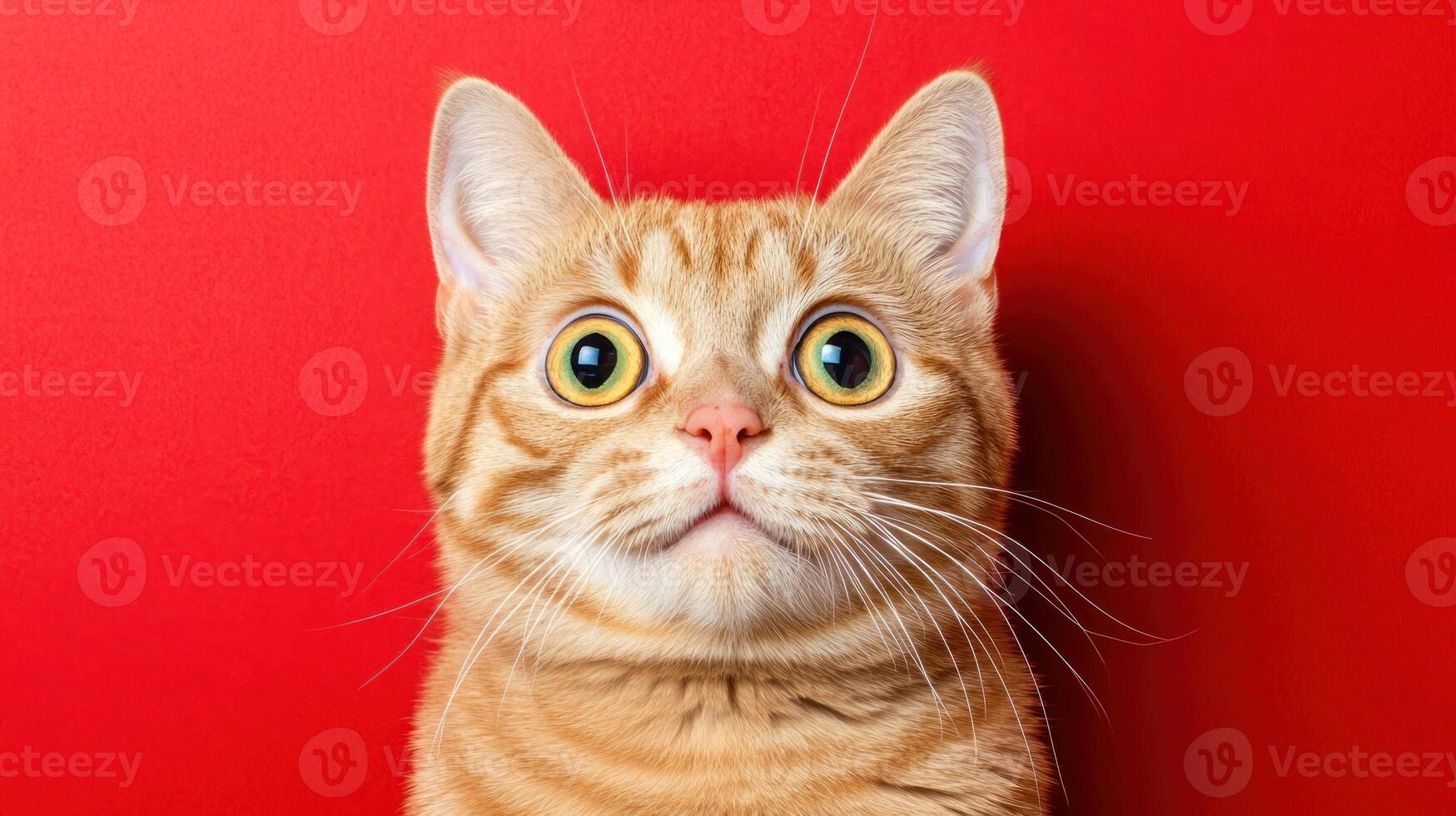 An orange tabby cat looks surprised with its big eyes against a striking red background, exuding curiosity and charm photo