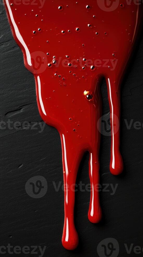 Glossy red paint drips down against a dark surface, showcasing vibrant color and texture in a creative setting photo