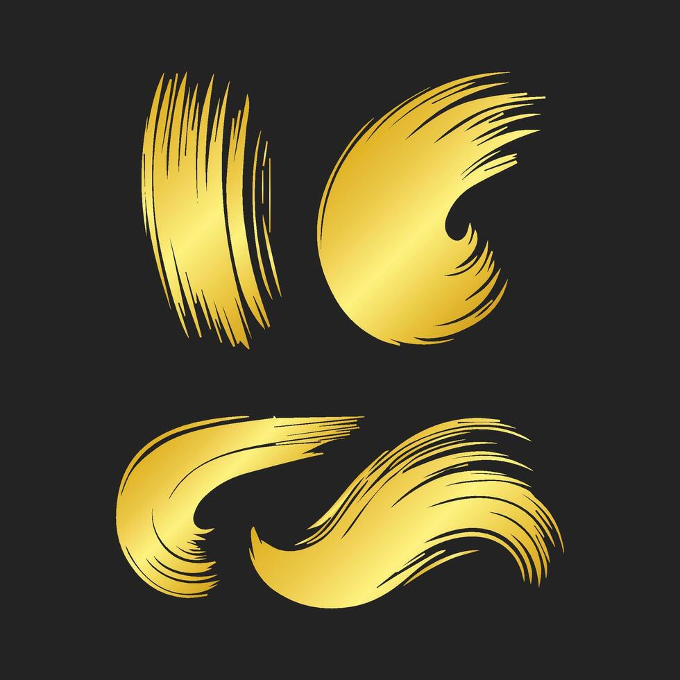 Golden brush strokes set on black background vector