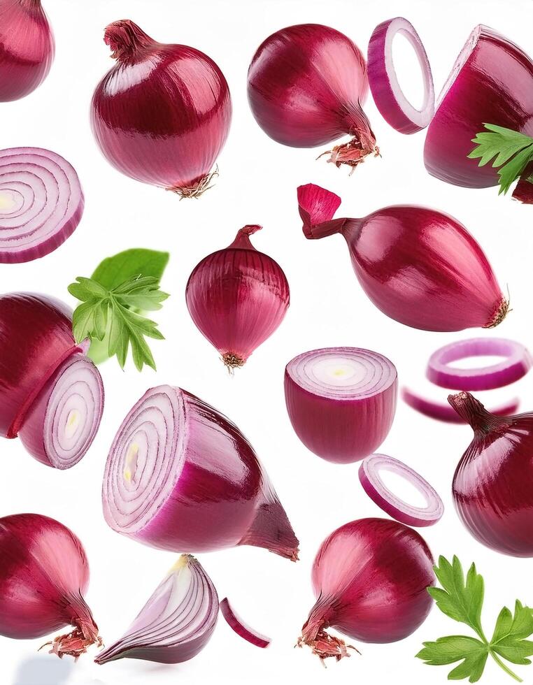 Flying red onion cuts and slices isolated on a white background photo
