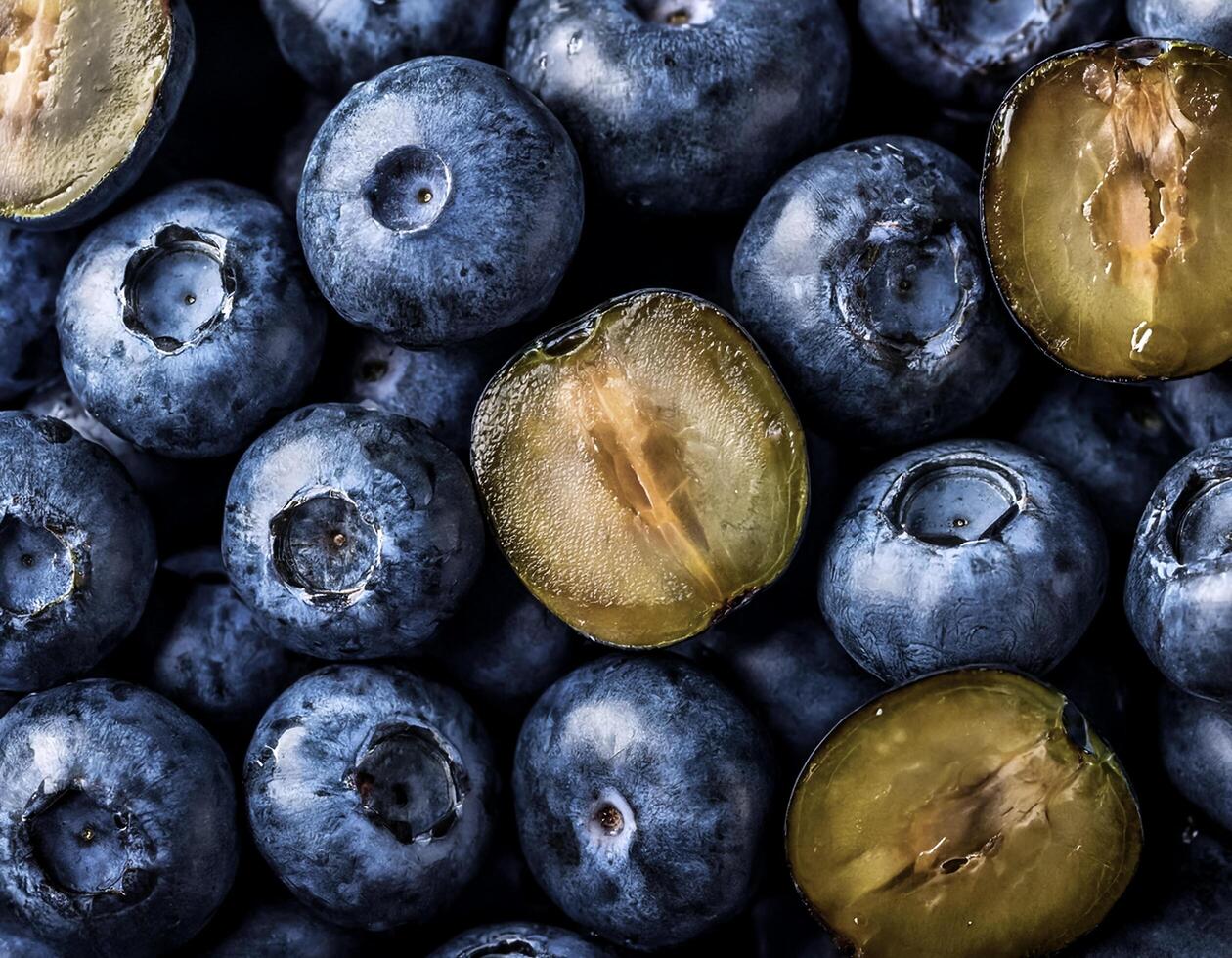 Overhead view of Fresh, Ripe and juicy blueberries. Halves food summer background photo