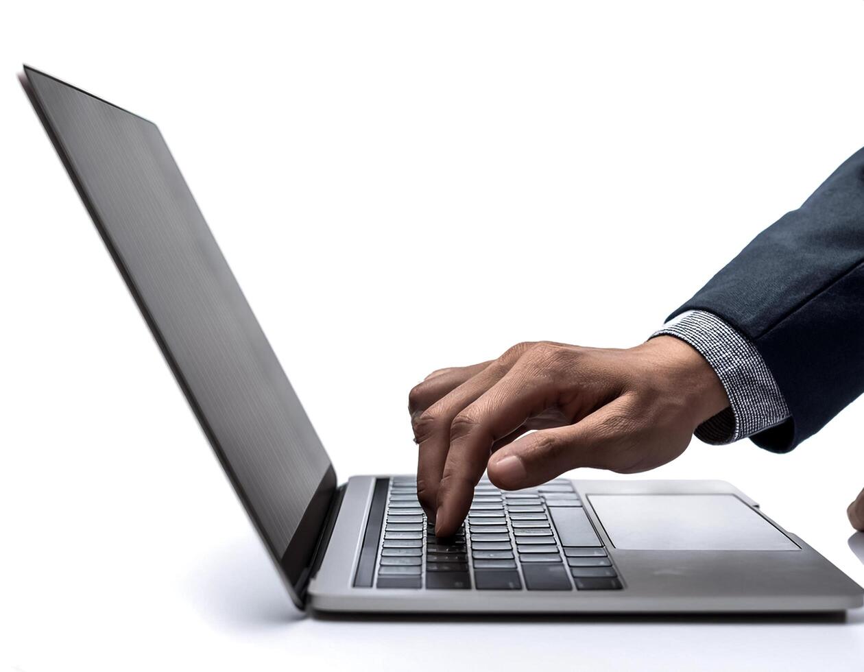 close up casual hand typing on laptop computer isolated on white background photo
