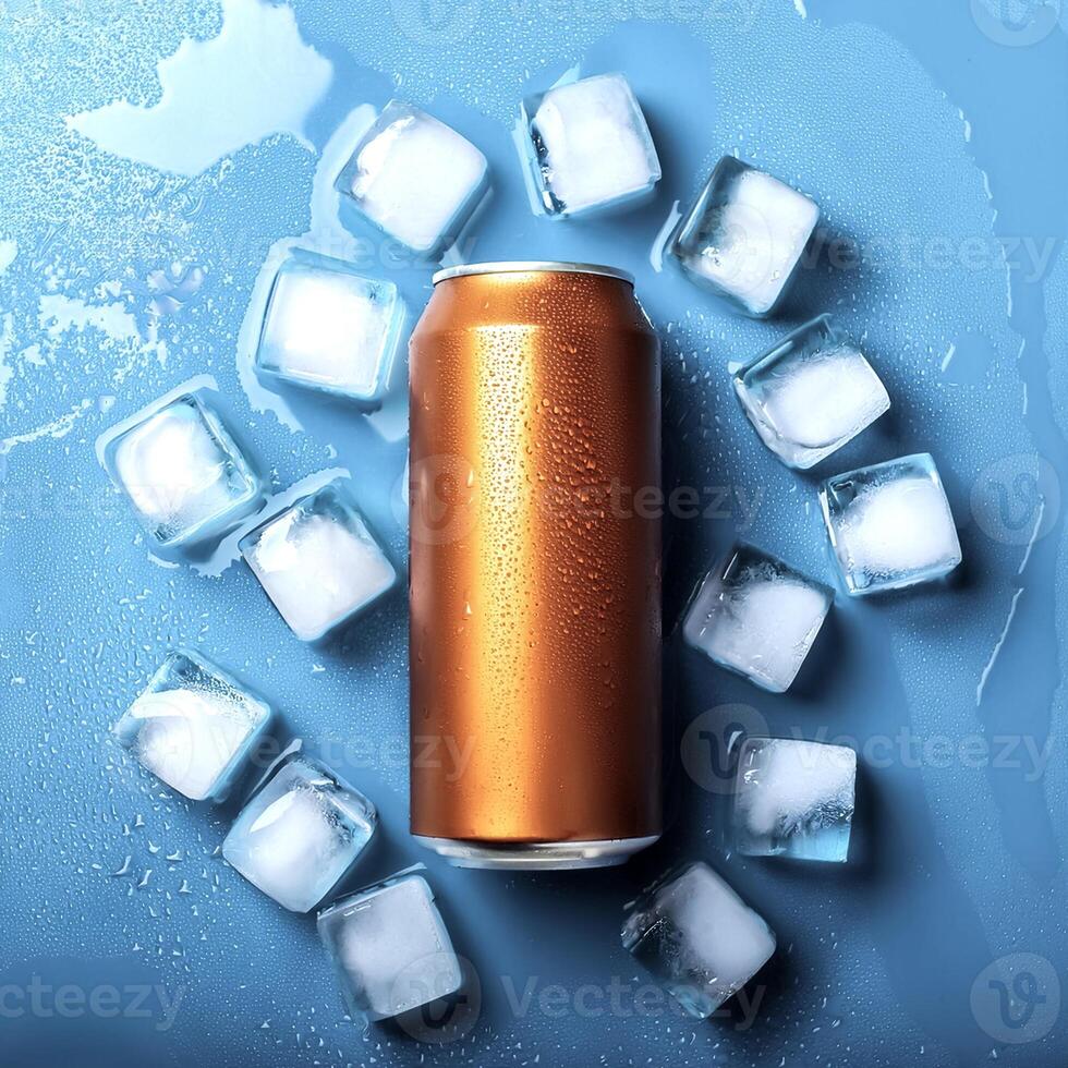 cold beverage can with ice cubes. Summer refreshing drink. photo