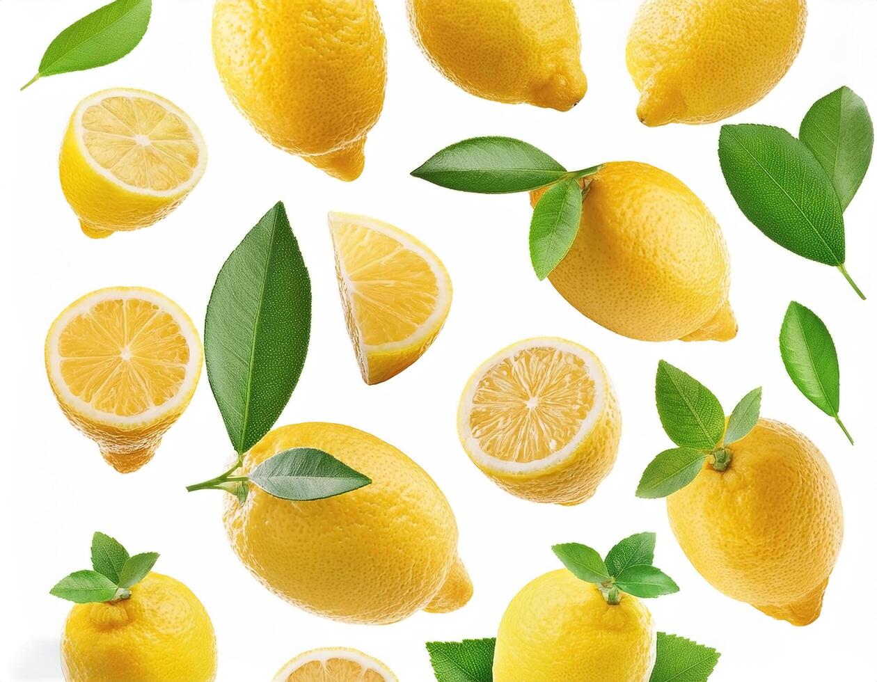 Flying juicy lemon slices with leaves isolated on a white background photo
