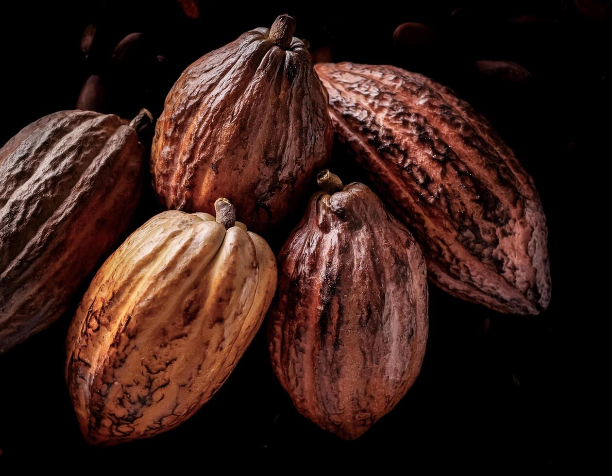 Overhead view of Fresh, Pile, Ripe and juicy sweet cocoa fruits. Halves food summer background photo