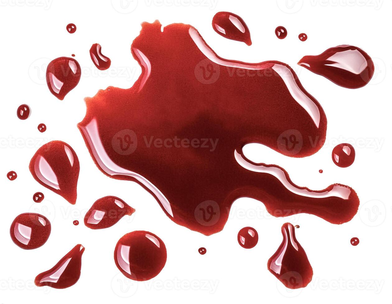 Dripping blood isolated on white background. Flowing bloody stains, splashes and drops photo