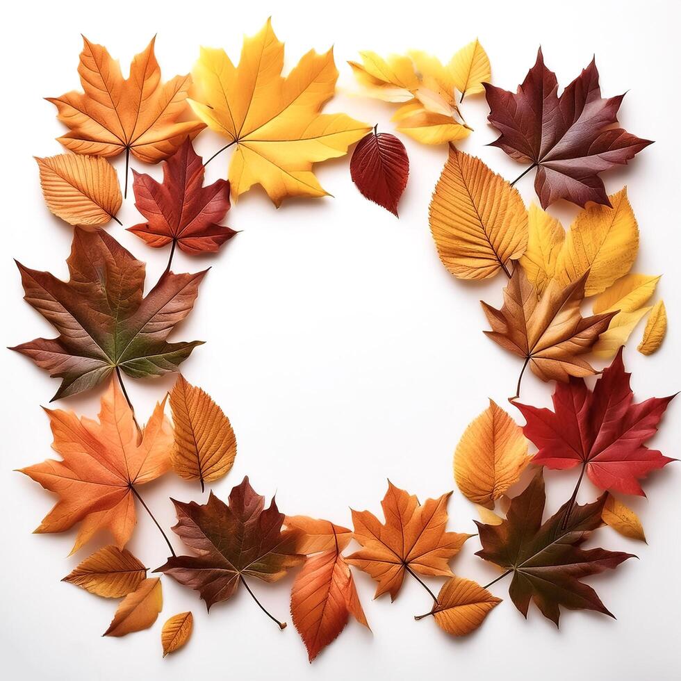 frame of autumn leaves isolated on white background photo