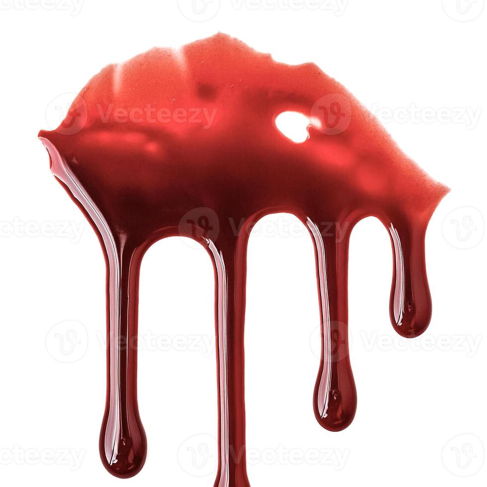 Dripping blood isolated on white background. Flowing bloody stains, splashes and drops photo