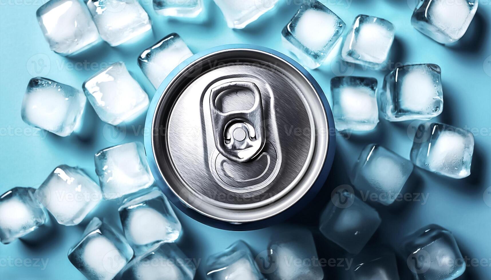 cold beverage can with ice cubes. Summer refreshing drink. photo