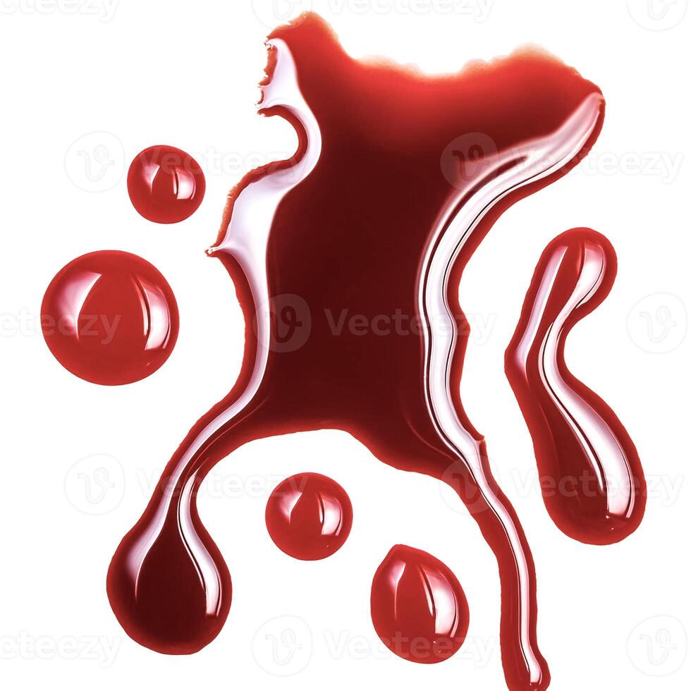 Dripping blood isolated on white background. Flowing bloody stains, splashes and drops photo