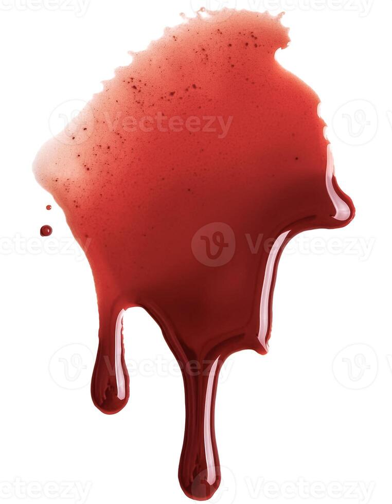 Dripping blood isolated on white background. Flowing bloody stains, splashes and drops photo