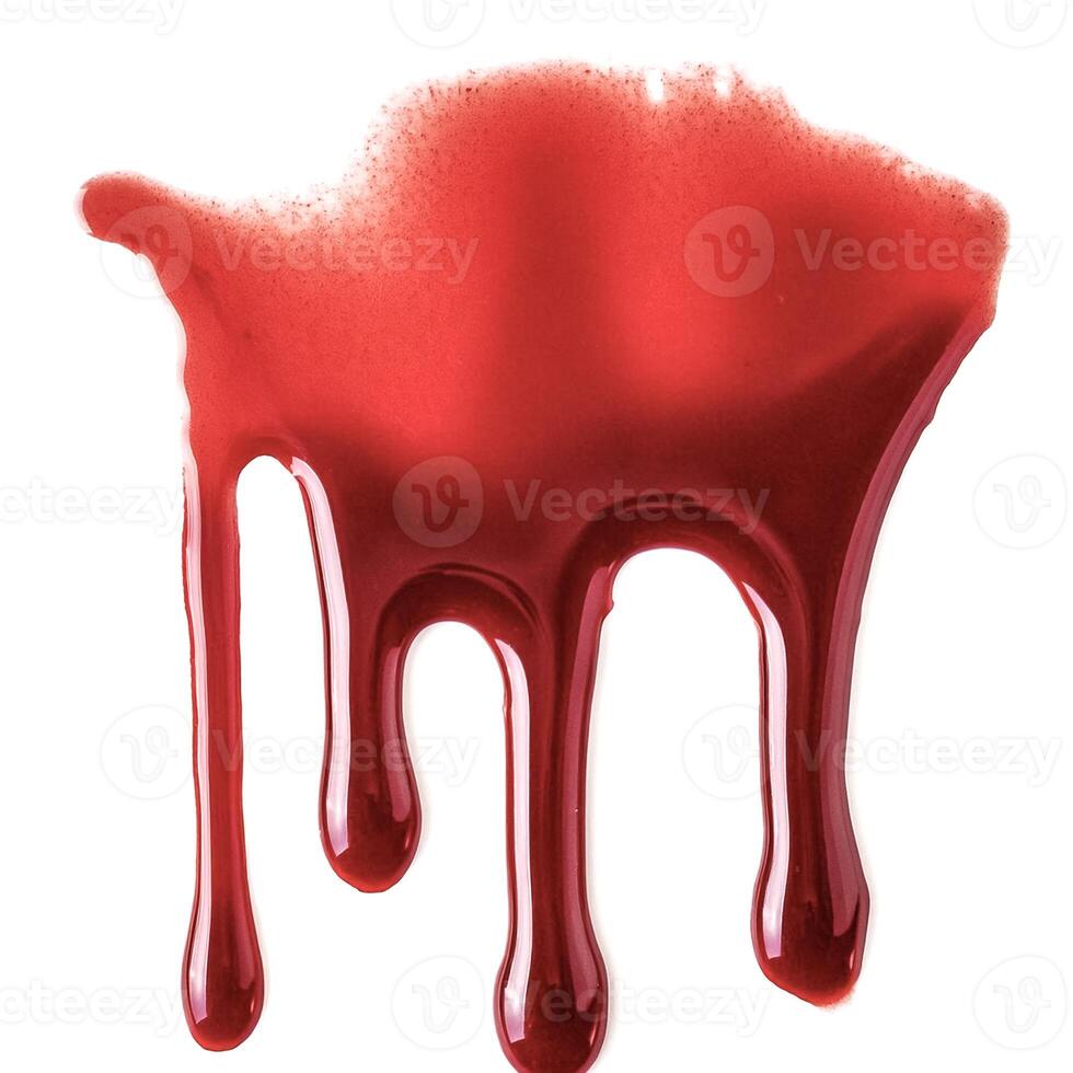 Dripping blood isolated on white background. Flowing bloody stains, splashes and drops photo