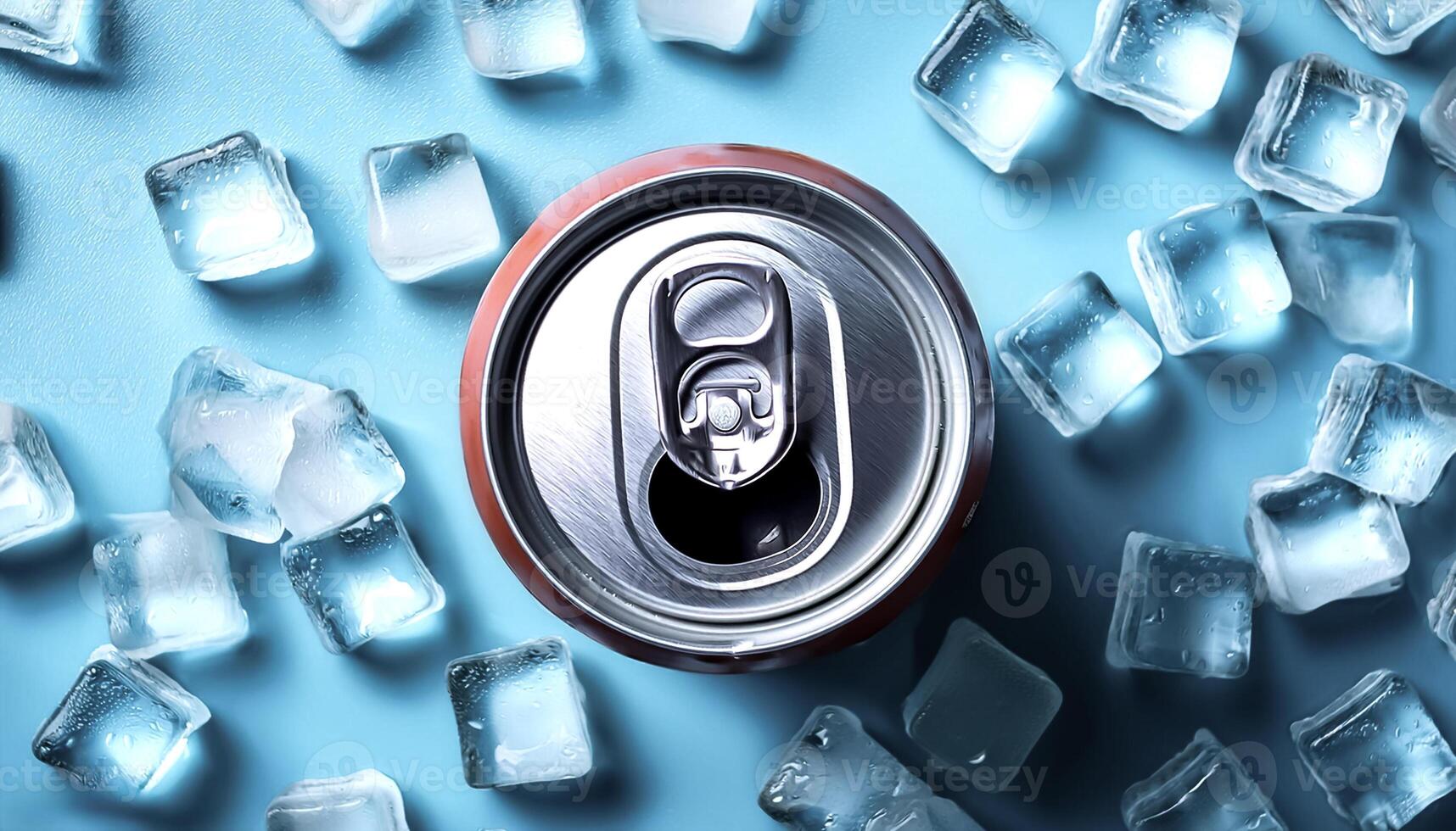 cold beverage can with ice cubes. Summer refreshing drink. photo