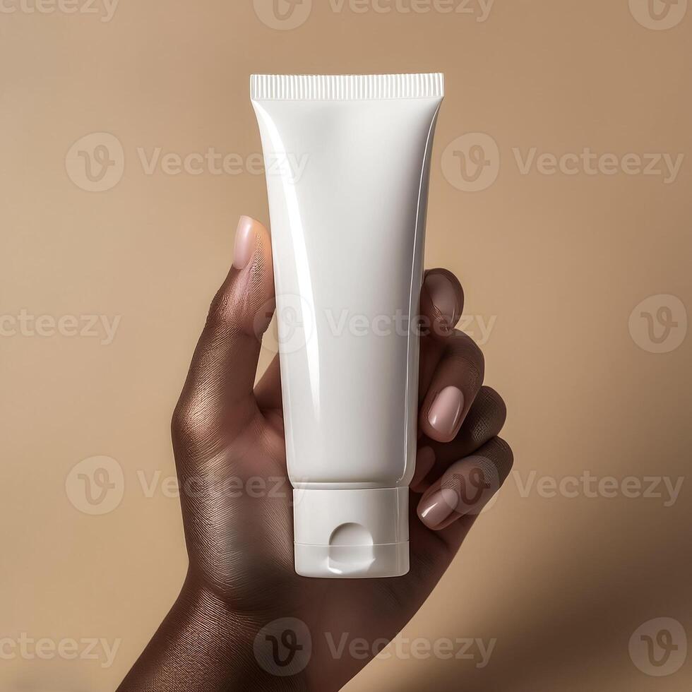 Fragile female hand holding blank mockup tube for cream or lotion on beige isolated background photo