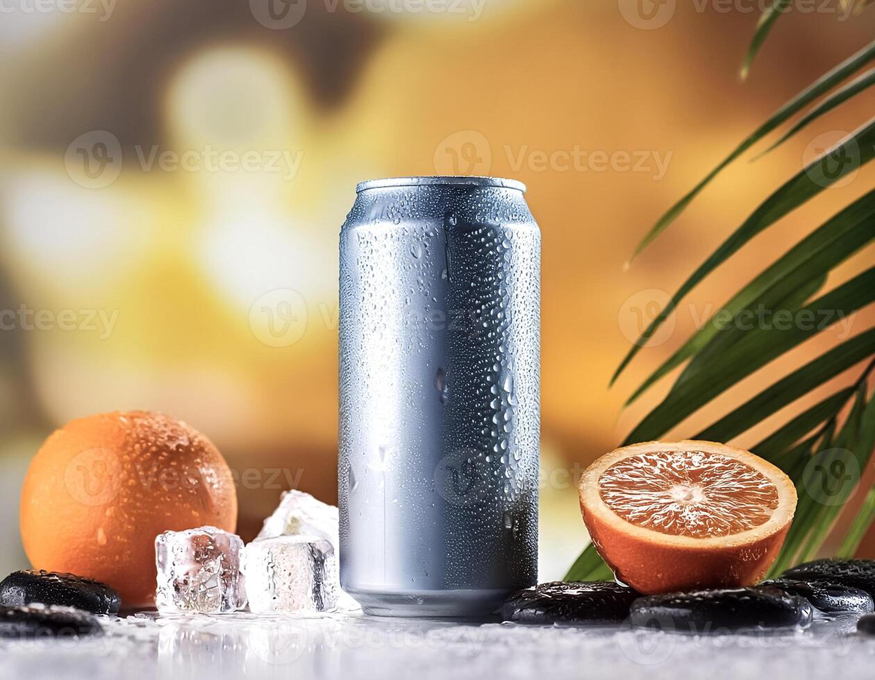 Can of cold beverage, ice cubea of juicy. Summer refreshing drink photo