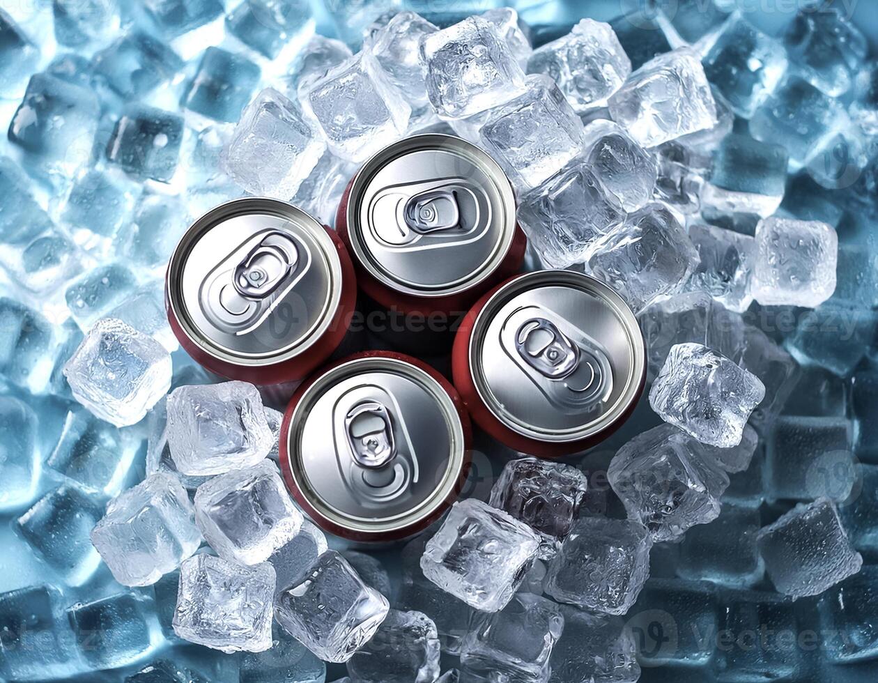 cold drink cans on top of a pile of ice cubes photo