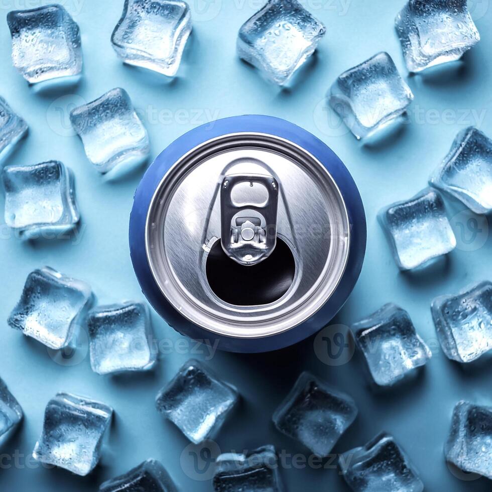 cold beverage can with ice cubes. Summer refreshing drink. photo