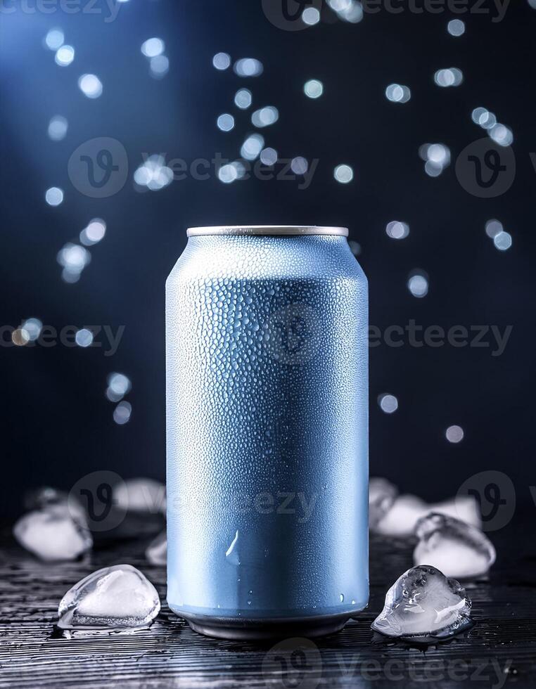 cold beverage can with ice cubes. Summer refreshing drink. photo