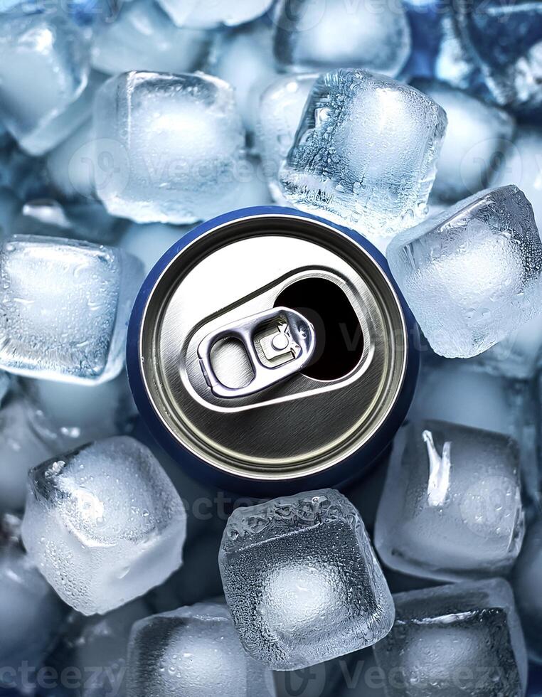 cold drink cans on top of a pile of ice cubes photo
