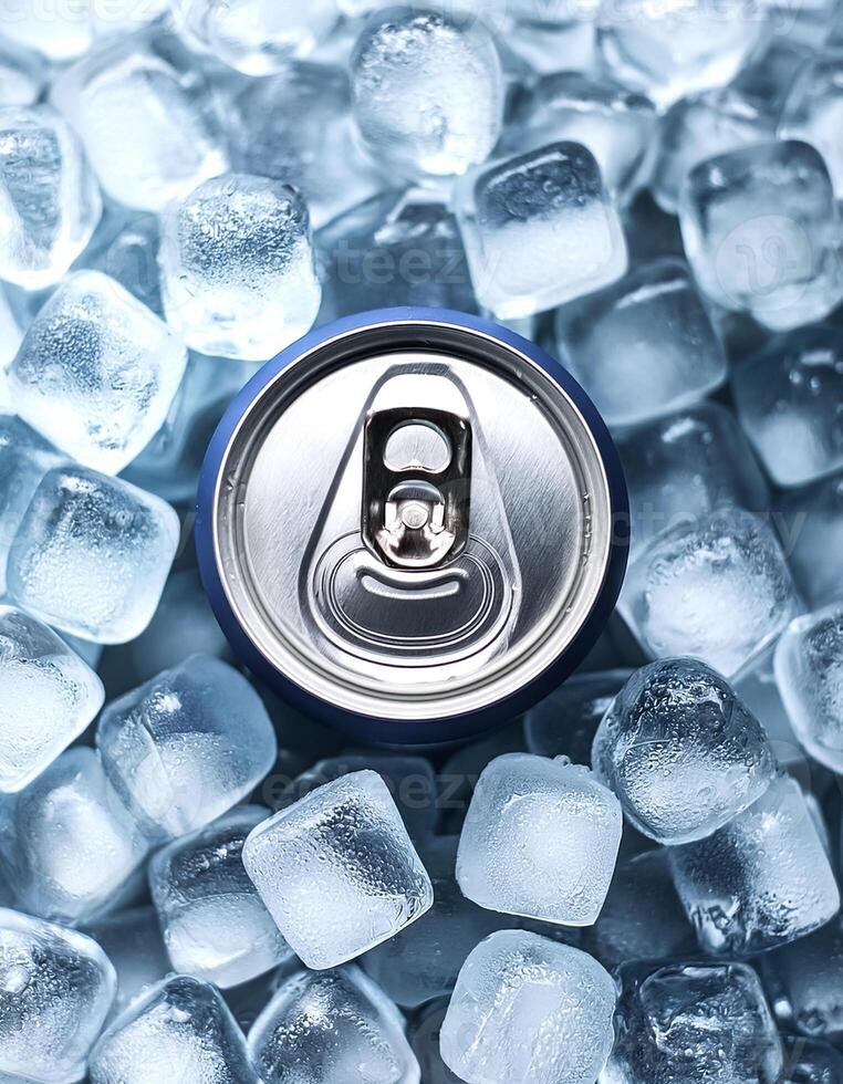 cold drink cans on top of a pile of ice cubes photo