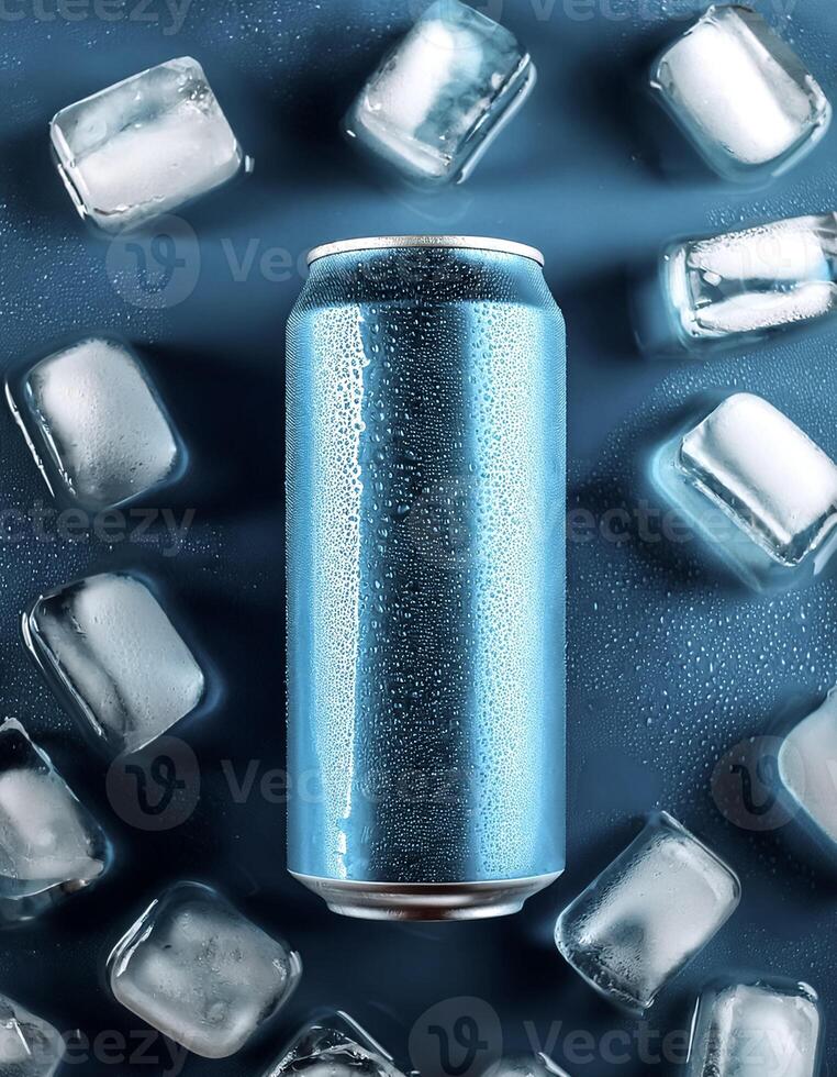 cold beverage can with ice cubes. Summer refreshing drink. photo