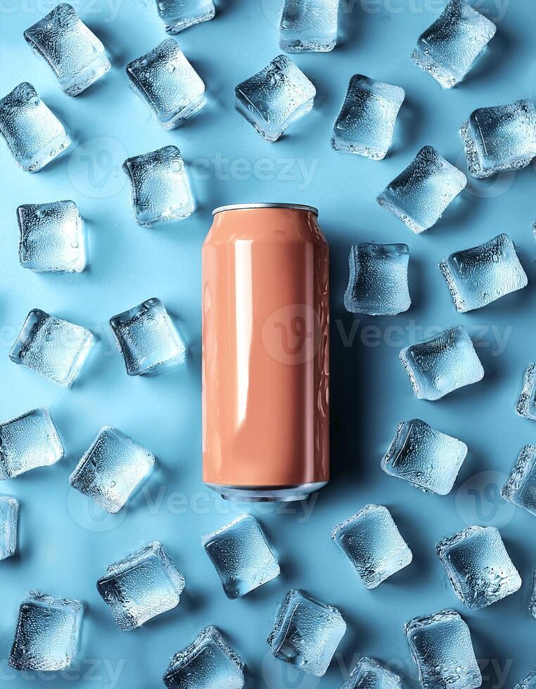 cold beverage can with ice cubes. Summer refreshing drink. photo