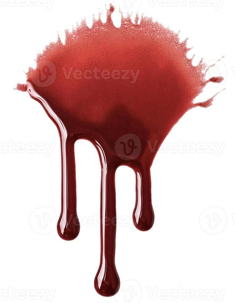Dripping blood isolated on white background. Flowing bloody stains, splashes and drops photo