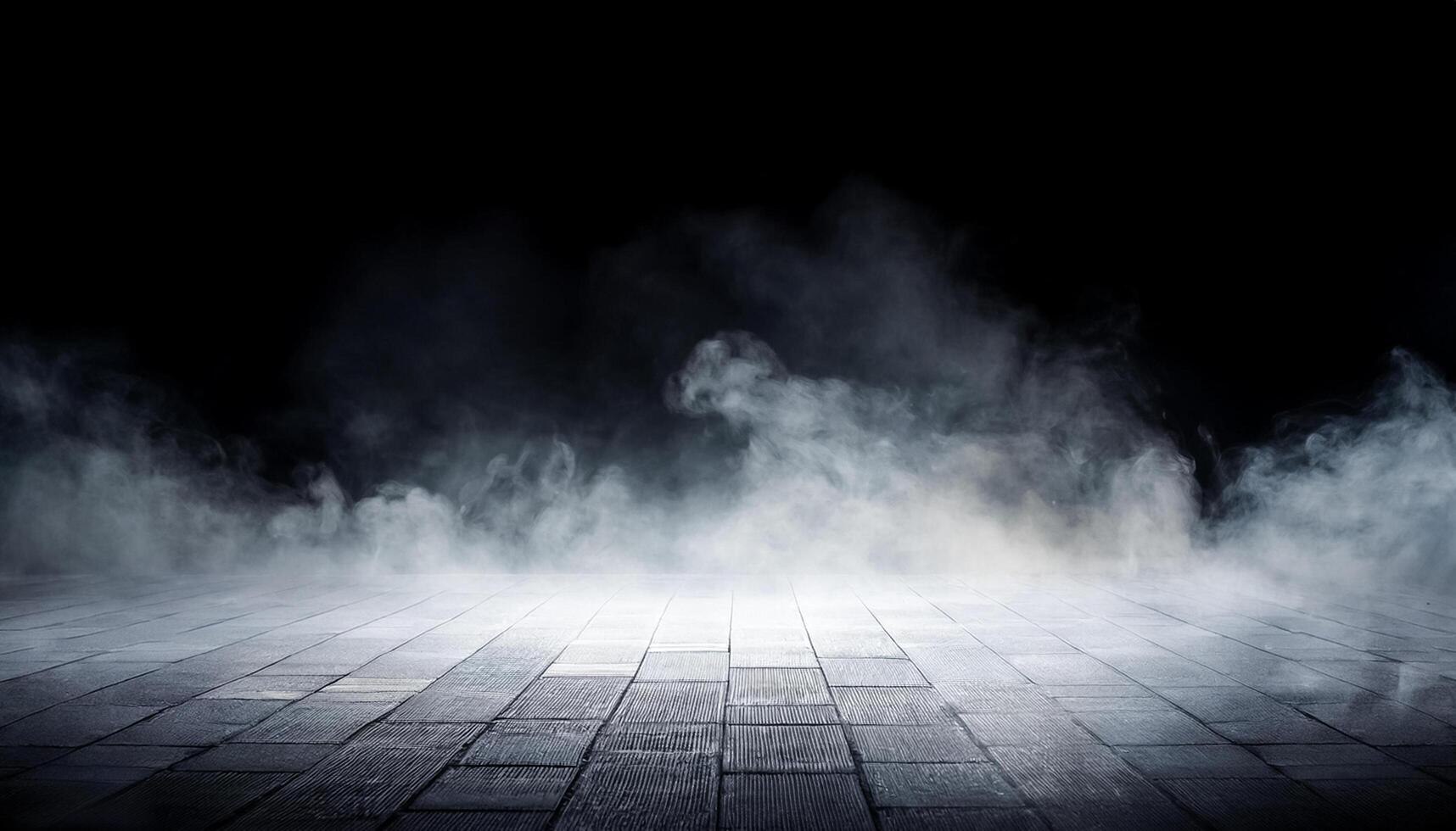 White smoke or fog flow on floor. Large mist in dark room on black background. Smoke on stage studio photo