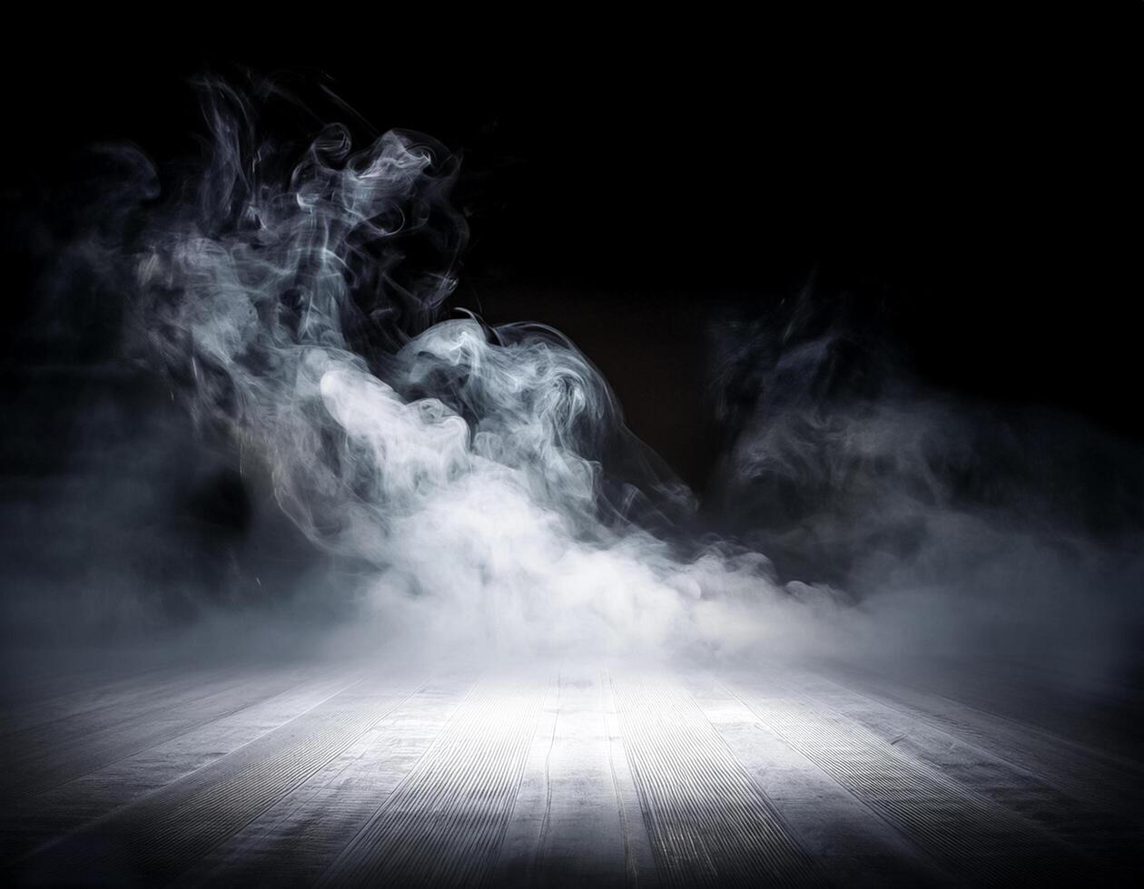 White smoke or fog flow on floor. Large mist in dark room on black background. Smoke on stage studio photo
