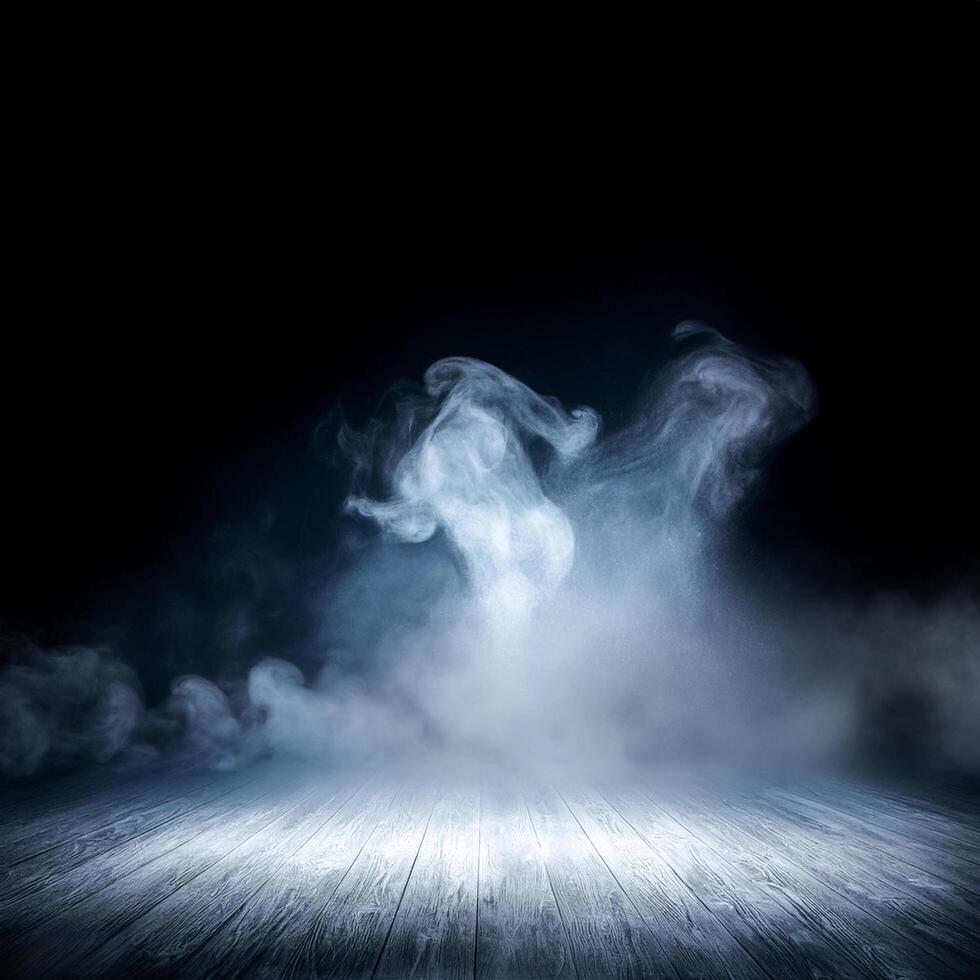 White smoke or fog flow on floor. Large mist in dark room on black background. Smoke on stage studio photo