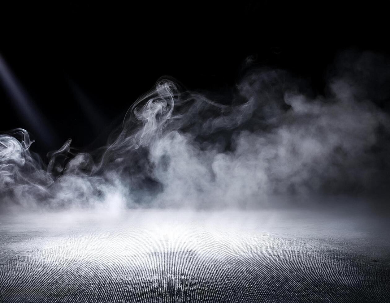 White smoke or fog flow on floor. Large mist in dark room on black background. Smoke on stage studio photo