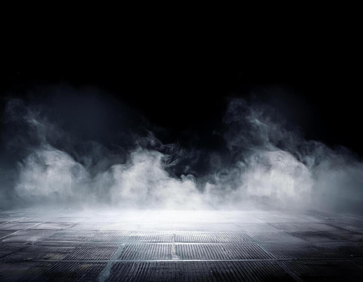 White smoke or fog flow on floor. Large mist in dark room on black background. Smoke on stage studio photo