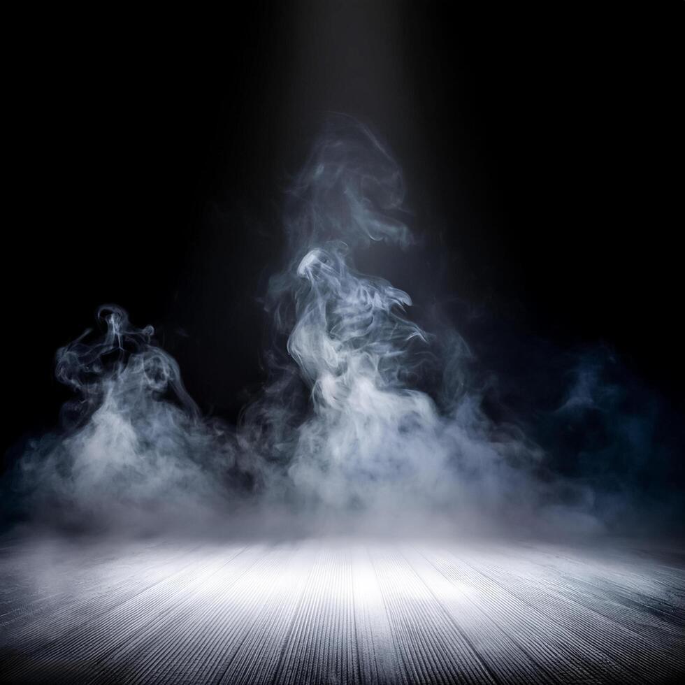 White smoke or fog flow on floor. Large mist in dark room on black background. Smoke on stage studio photo