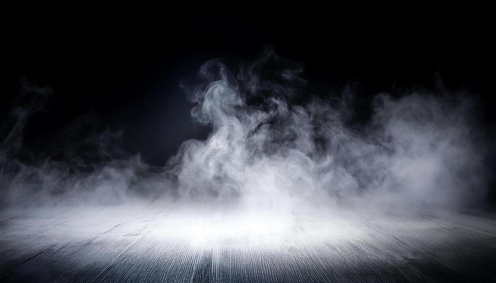 White smoke or fog flow on floor. Large mist in dark room on black background. Smoke on stage studio photo