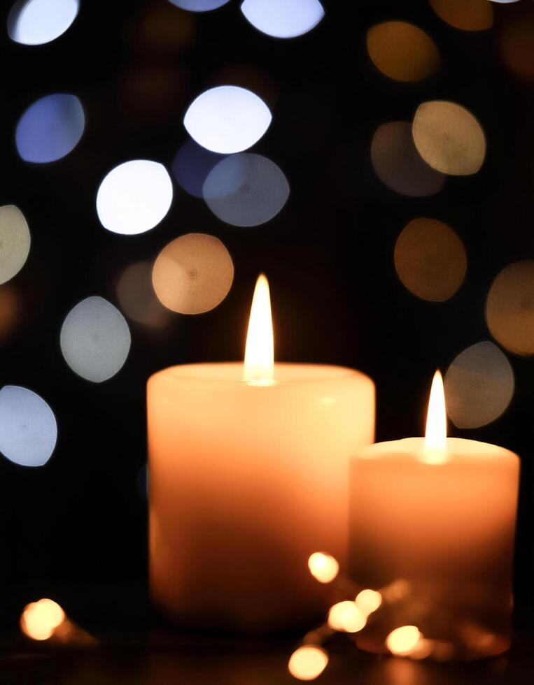burning candles in the dark against the background of blurry lights photo