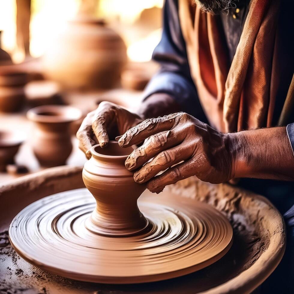 Close up on hands working on pottery photo